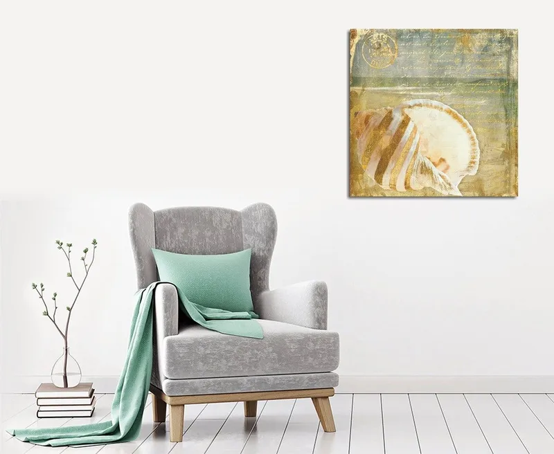 Lærredstryk 45x45 cm - Muslingeskal med subtile detaljer og teksturer, Beige / Blå / Grøn