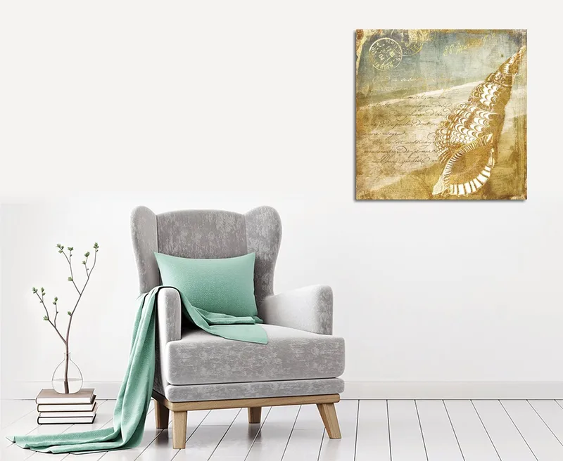 Lærredstryk 45x45 cm - Muslingeskal med vintage-inspireret baggrund og håndskrevet tekst, Beige / Brun / Lyseblå