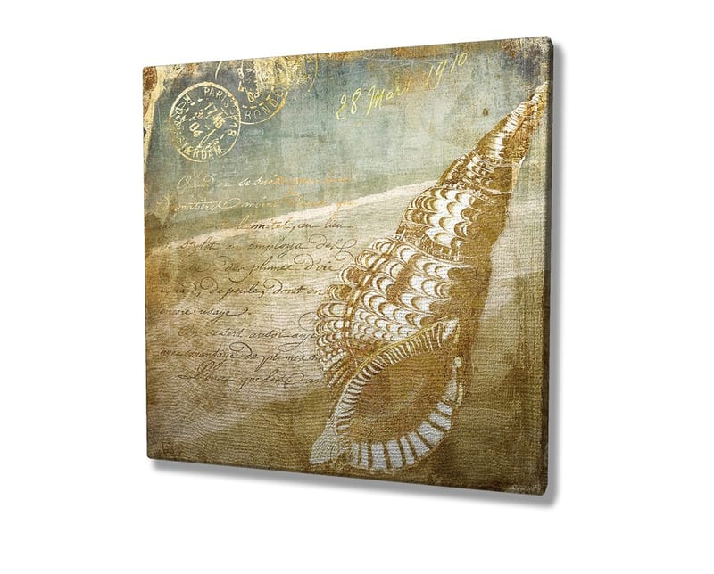 Lærredstryk 45x45 cm - Muslingeskal med vintage-inspireret baggrund og håndskrevet tekst - Beige / Brun / Lyseblå - Boligtilbehør - Billeder & kunst - Billeder på lærred