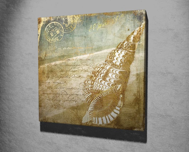 Lærredstryk 45x45 cm - Muslingeskal med vintage-inspireret baggrund og håndskrevet tekst - Beige / Brun / Lyseblå - Boligtilbehør - Billeder & kunst - Billeder på lærred