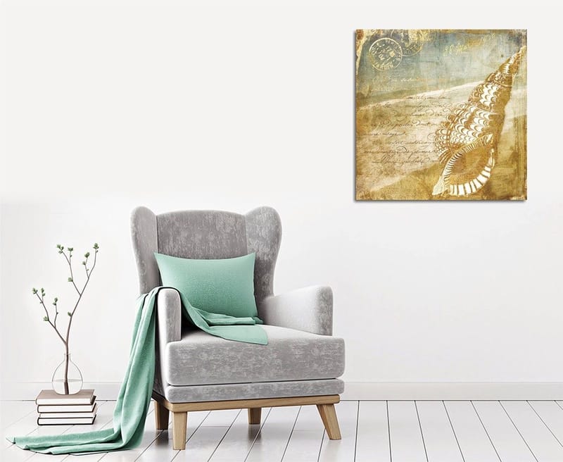 Lærredstryk 45x45 cm - Muslingeskal med vintage-inspireret baggrund og håndskrevet tekst, Beige / Brun / Lyseblå