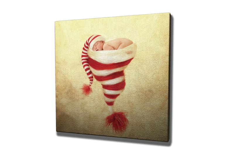 Lærredstryk 45x45 cm - Nyfødt baby i julehue med røde og hvide striber, Rød / Hvid / Beige