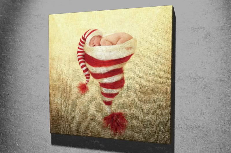 Lærredstryk 45x45 cm - Nyfødt baby i julehue med røde og hvide striber - Rød / Hvid / Beige - Boligtilbehør - Billeder & kunst - Billeder på lærred