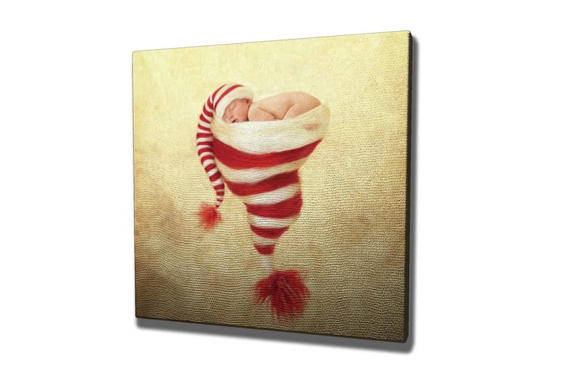 Lærredstryk 45x45 cm - Nyfødt baby i julehue med røde og hvide striber, Rød / Hvid / Beige