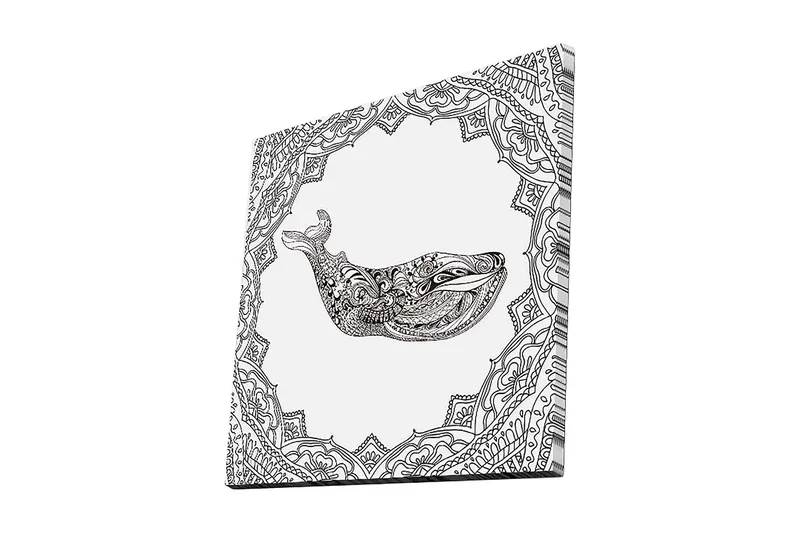 Lærredstryk 45x45 cm - Ornamental hval i detaljeret design, Sort / Hvid