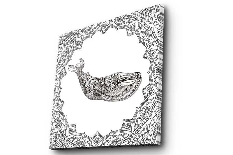 Lærredstryk 45x45 cm - Ornamental hval med detaljeret mønster - Sort / Hvid - Boligtilbehør - Billeder & kunst - Billeder på lærred