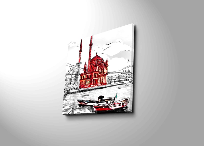 Lærredstryk 45x45 cm - Rød moské ved vandet med både i forgrunden - Rød / Sort / Hvid - Boligtilbehør - Billeder & kunst - Billeder på lærred