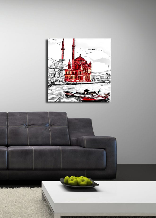 Lærredstryk 45x45 cm - Rød moské ved vandet med både i forgrunden - Rød / Sort / Hvid - Boligtilbehør - Billeder & kunst - Billeder på lærred