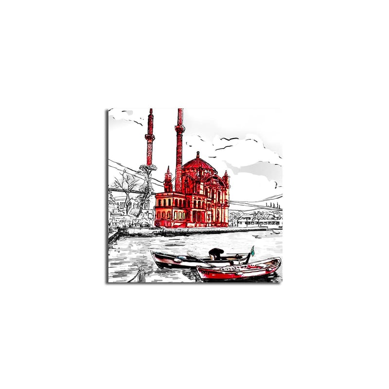 Lærredstryk 45x45 cm - Rød moské ved vandet med både i forgrunden, Rød / Sort / Hvid