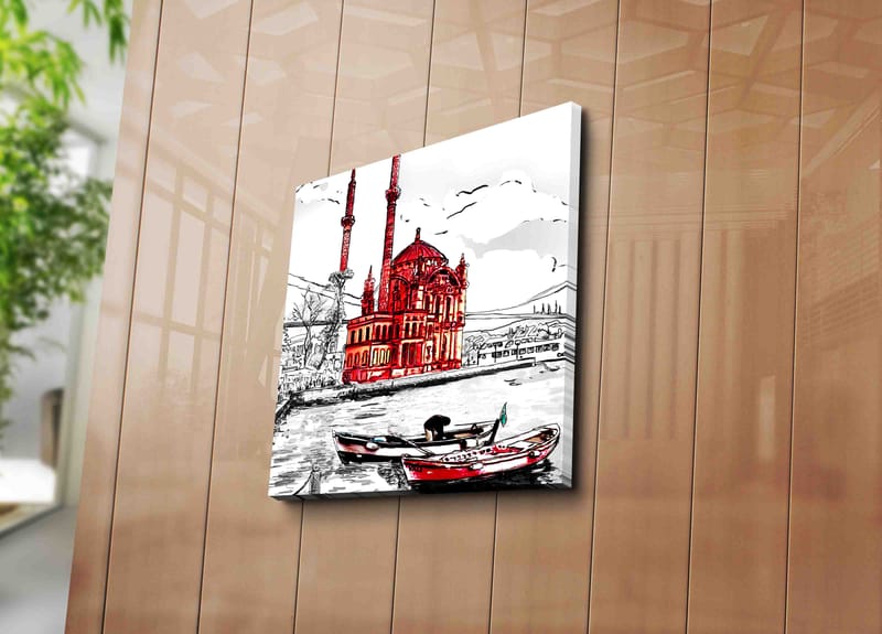 Lærredstryk 45x45 cm - Rød moské ved vandet med både i forgrunden - Rød / Sort / Hvid - Boligtilbehør - Billeder & kunst - Billeder på lærred