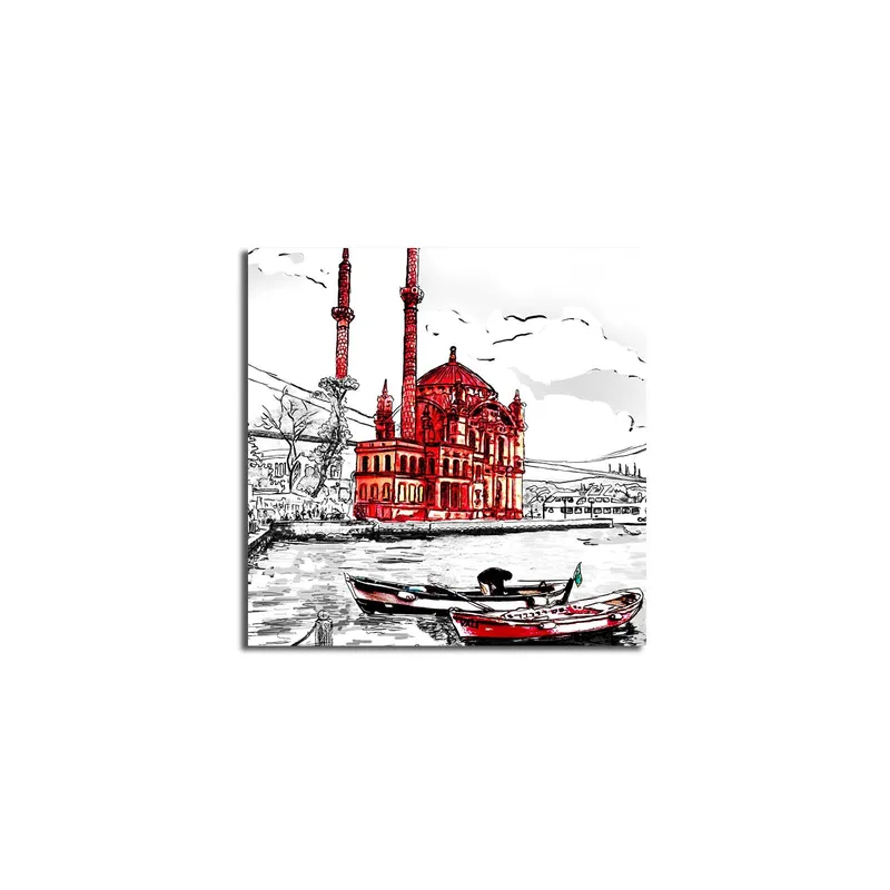 Lærredstryk 45x45 cm - Rød moské ved vandet med både i forgrunden, Rød / Sort / Hvid