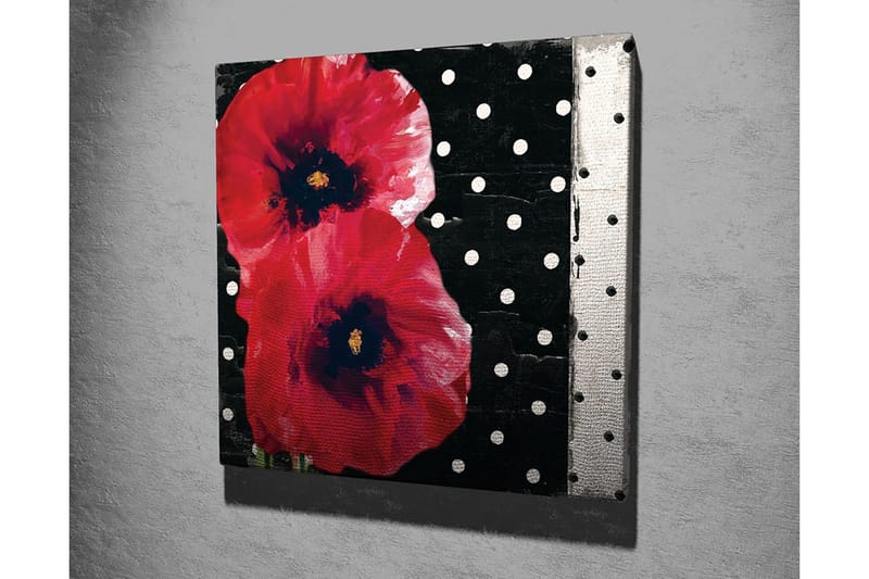 Lærredstryk 45x45 cm - Røde blomster mod en sort baggrund med hvide prikker - Rød / Sort / Hvid - Boligtilbehør - Billeder & kunst - Billeder på lærred