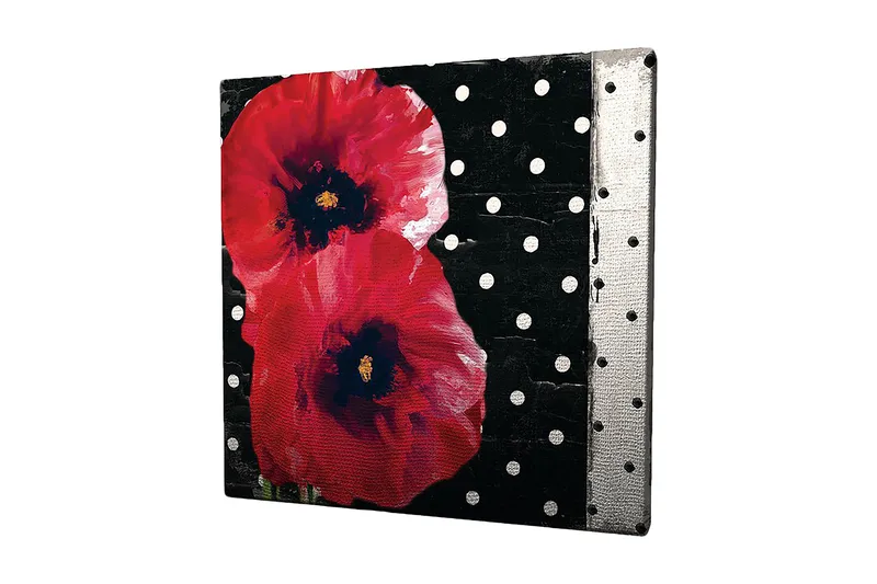 Lærredstryk 45x45 cm - Røde blomster mod en sort baggrund med hvide prikker, Rød / Sort / Hvid