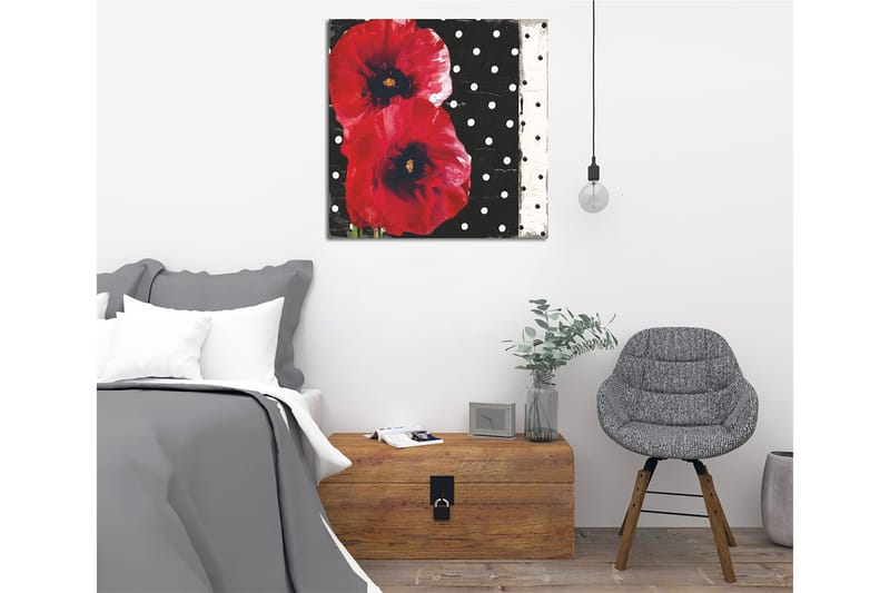 Lærredstryk 45x45 cm - Røde blomster mod en sort baggrund med hvide prikker - Rød / Sort / Hvid - Boligtilbehør - Billeder & kunst - Billeder på lærred
