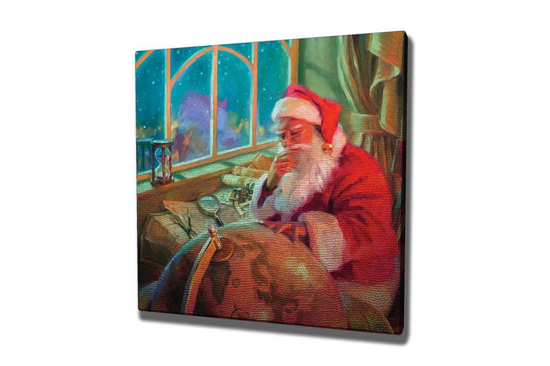 Lærredstryk 45x45 cm - Reflekterende julemand ved et skrivebord med en globus og papir, Rød / Grøn / Beige