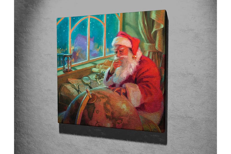 Lærredstryk 45x45 cm - Reflekterende julemand ved et skrivebord med en globus og papir - Rød / Grøn / Beige - Boligtilbehør - Billeder & kunst - Billeder på lærred