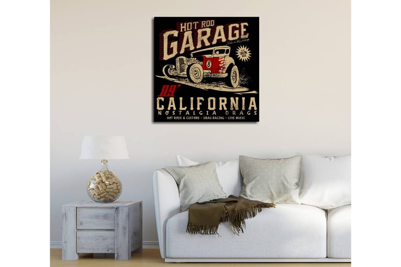 Lærredstryk 45x45 cm - Retro hot rod-bil i bevægelse - Rød / Sort / Beige - Boligtilbehør - Billeder & kunst - Billeder på lærred
