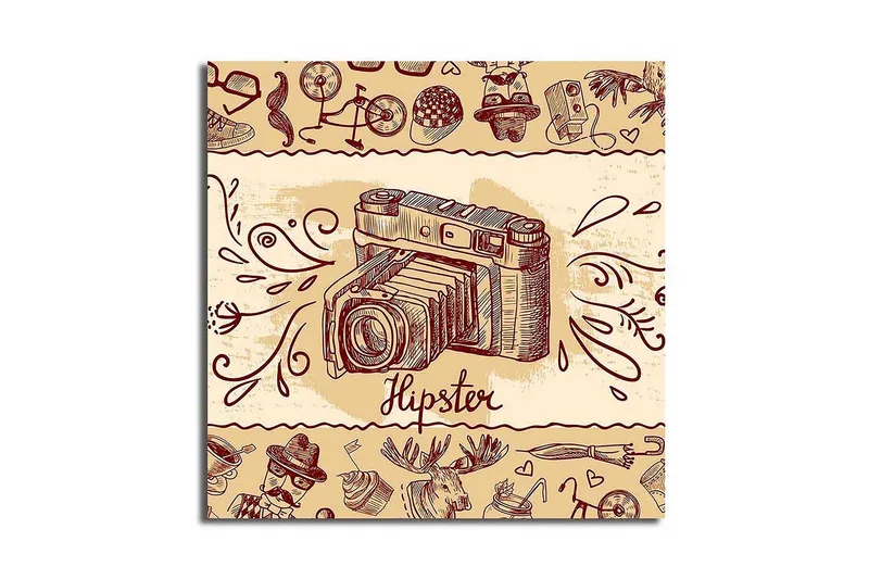 Lærredstryk 45x45 cm - Retro kamera med hipster-elementer i baggrunden - Beige / Brun / Rød - Boligtilbehør - Billeder & kunst - Billeder på lærred