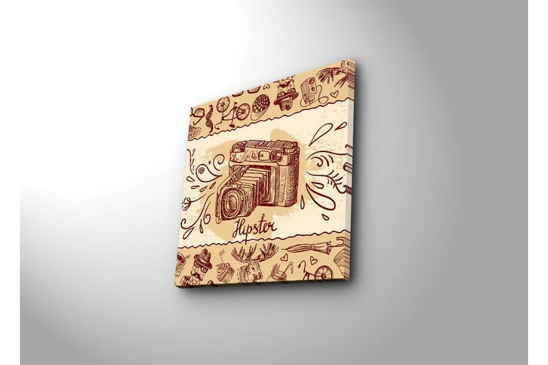 Lærredstryk 45x45 cm - Retro kamera med hipster-elementer i baggrunden - Beige / Brun / Rød - Boligtilbehør - Billeder & kunst - Billeder på lærred