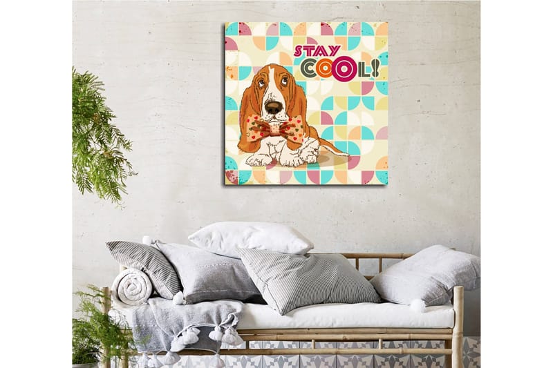Lærredstryk 45x45 cm - Sød basset hound med en pæn butterfly - Orange / Blå / Beige - Boligtilbehør - Billeder & kunst - Billeder på lærred