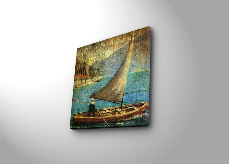 Lærredstryk 45x45 cm - Sejlbåd på roligt vand, Blå / Brun / Beige