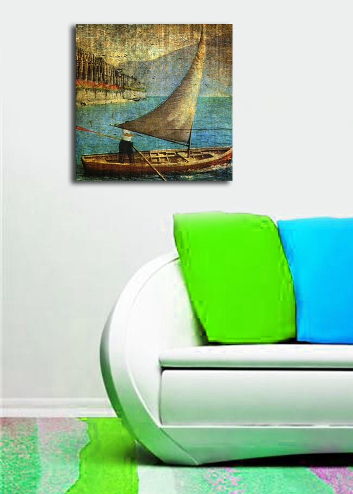 Lærredstryk 45x45 cm - Sejlbåd på roligt vand - Blå / Brun / Beige - Boligtilbehør - Billeder & kunst - Billeder på lærred