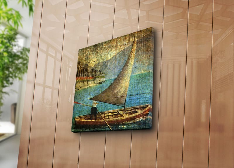 Lærredstryk 45x45 cm - Sejlbåd på roligt vand - Blå / Brun / Beige - Boligtilbehør - Billeder & kunst - Billeder på lærred