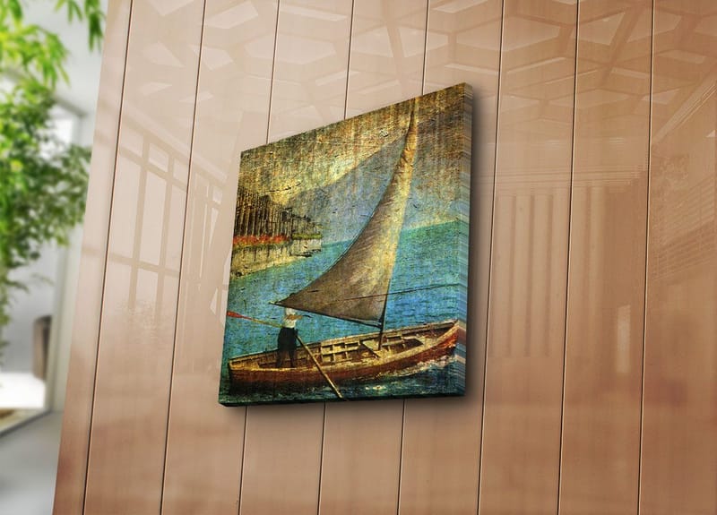 Lærredstryk 45x45 cm - Sejlbåd på roligt vand - Blå / Brun / Beige - Boligtilbehør - Billeder & kunst - Billeder på lærred