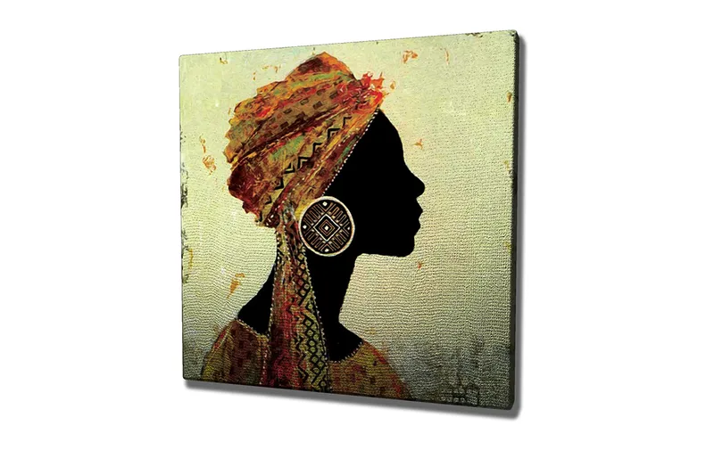 Lærredstryk 45x45 cm - Silhuet af en kvinde med traditionel hovedbeklædning og store øreringe - Sort / Guld / Orange - Boligtilbehør - Billeder & kunst - Billeder på lærred