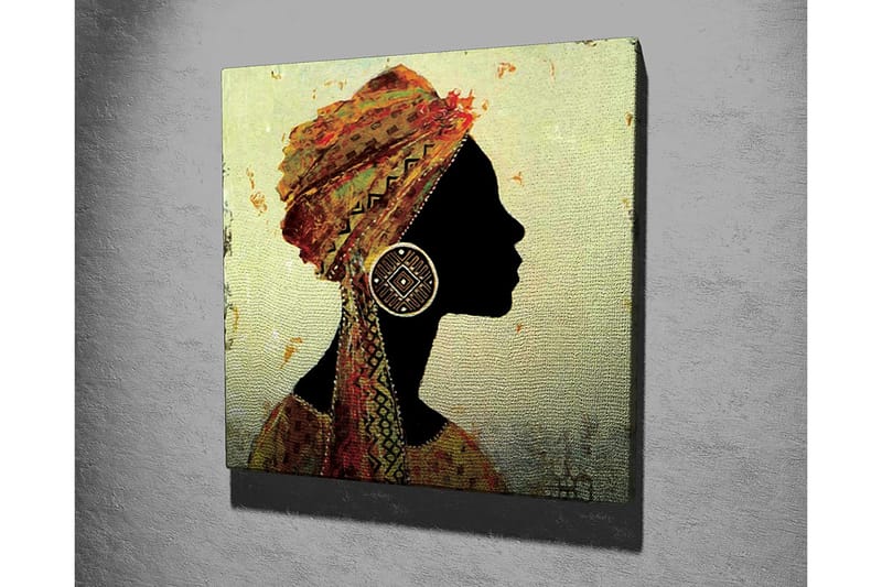 Lærredstryk 45x45 cm - Silhuet af en kvinde med traditionel hovedbeklædning og store øreringe - Sort / Guld / Orange - Boligtilbehør - Billeder & kunst - Billeder på lærred