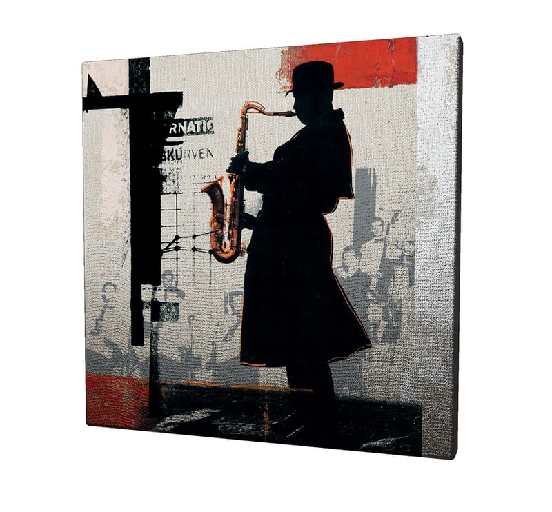 Lærredstryk 45x45 cm - Silhuet af en saxofonist i et bymiljø - Sort / Rød / Beige - Boligtilbehør - Billeder & kunst - Billeder på lærred