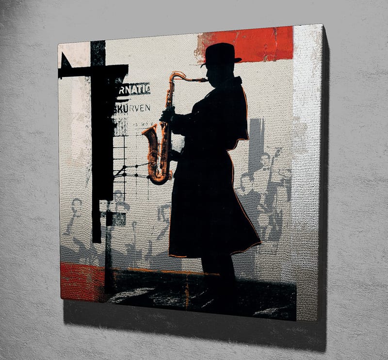 Lærredstryk 45x45 cm - Silhuet af en saxofonist i et bymiljø - Sort / Rød / Beige - Boligtilbehør - Billeder & kunst - Billeder på lærred