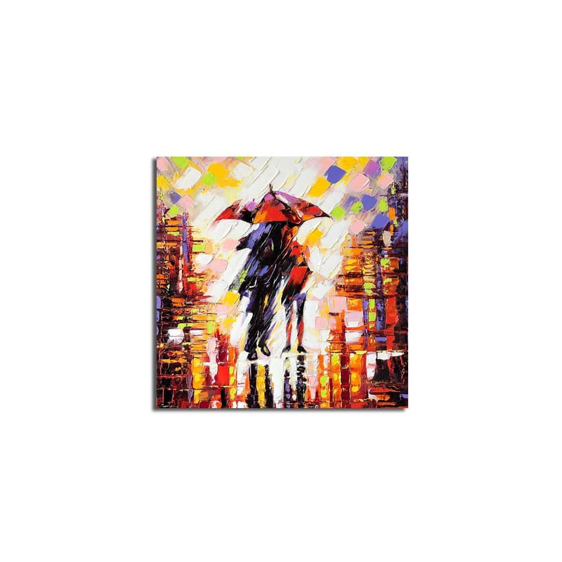 Lærredstryk 45x45 cm - Silhuet af en person med en paraply i et farverigt bymiljø - Rød / Orange / Sort - Boligtilbehør - Billeder & kunst - Billeder på lærred