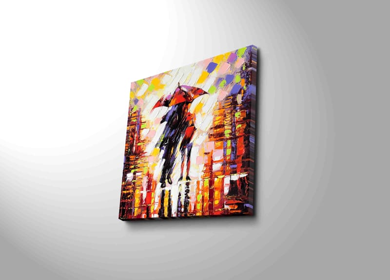 Lærredstryk 45x45 cm - Silhuet af en person med en paraply i et farverigt bymiljø, Rød / Orange / Sort