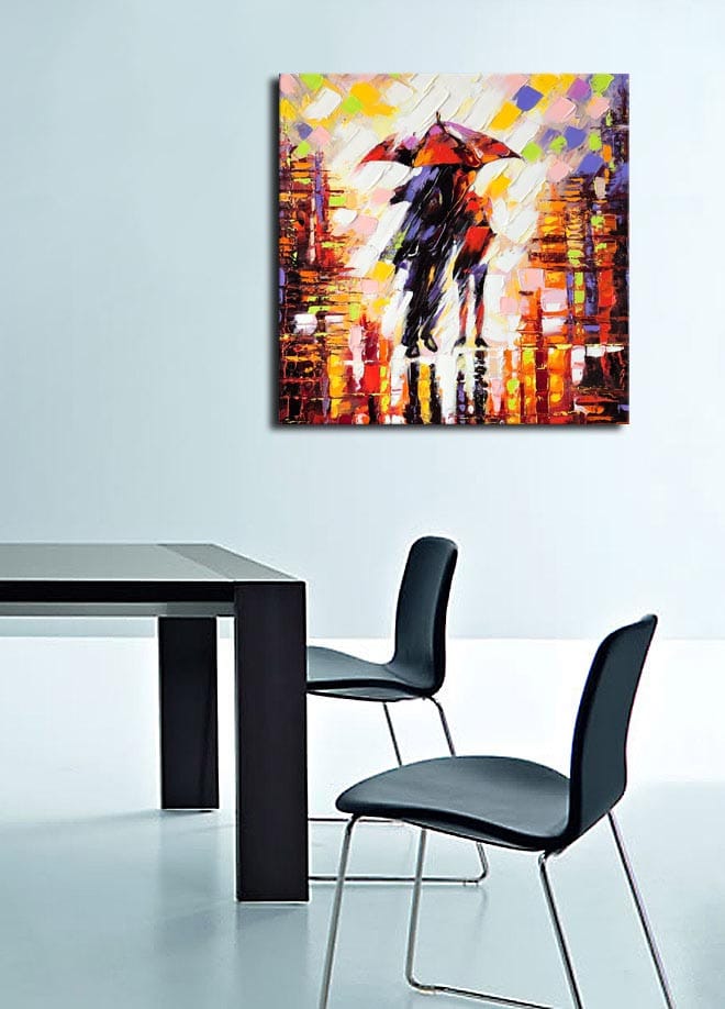 Lærredstryk 45x45 cm - Silhuet af en person med en paraply i et farverigt bymiljø - Rød / Orange / Sort - Boligtilbehør - Billeder & kunst - Billeder på lærred