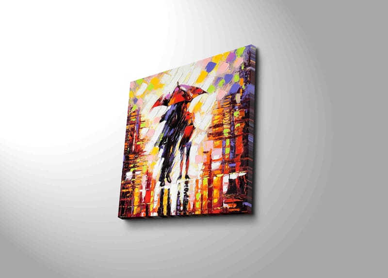 Lærredstryk 45x45 cm - Silhuet af en person med en paraply i et farverigt bymiljø, Rød / Orange / Sort