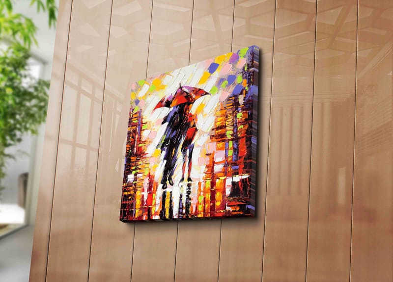 Lærredstryk 45x45 cm - Silhuet af en person med en paraply i et farverigt bymiljø - Rød / Orange / Sort - Boligtilbehør - Billeder & kunst - Billeder på lærred