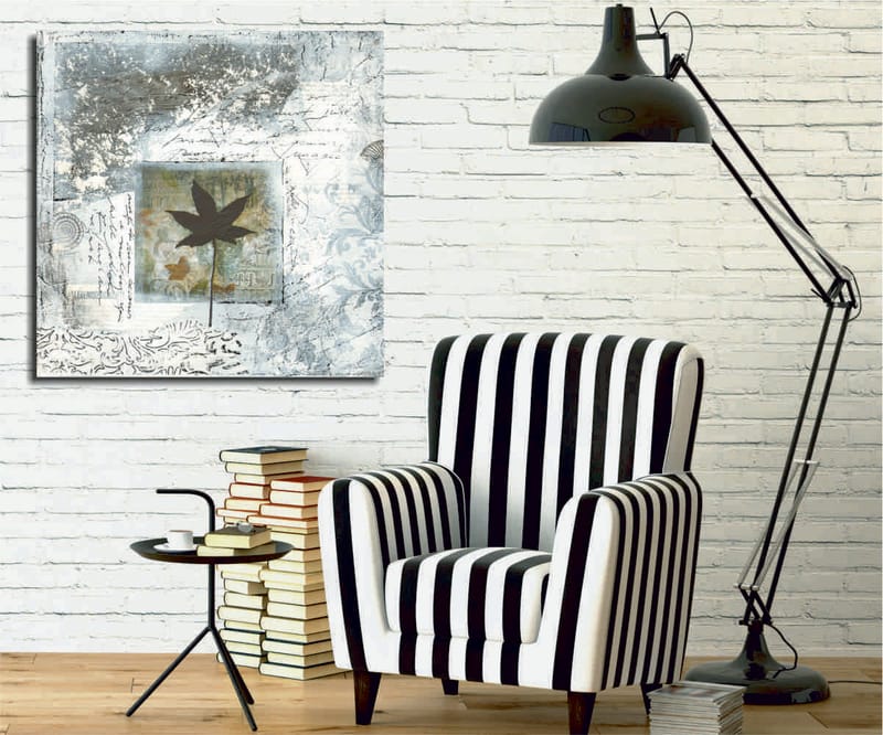 Lærredstryk 45x45 cm - Silhuet af et blad mod en abstrakt baggrund, Sort / Blå / Grøn