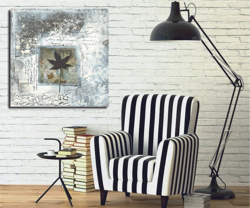 Lærredstryk 45x45 cm - Silhuet af et blad mod en abstrakt baggrund, Sort / Blå / Grøn