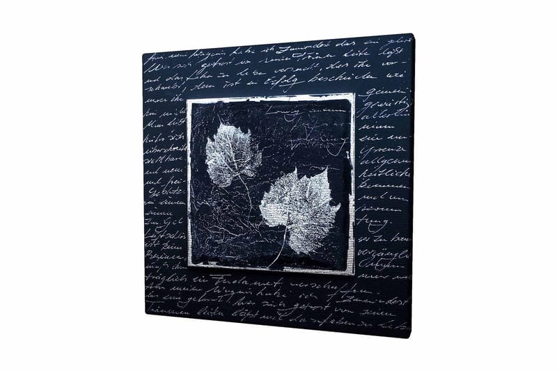 Lærredstryk 45x45 cm - Silhuetter af blade på en mørk baggrund med en tekstureret overflade, Sort / Hvid