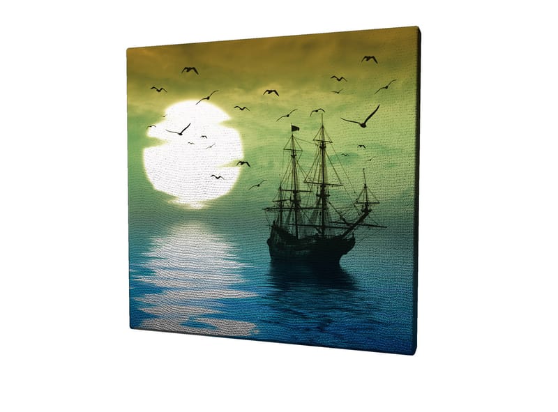 Lærredstryk 45x45 cm - Skibe på spejlblanke vandoverflader under en stemningsfuld solnedgang - Mørkeblå / Grøn / Hvid - Boligtilbehør - Billeder & kunst - Billeder på lærred