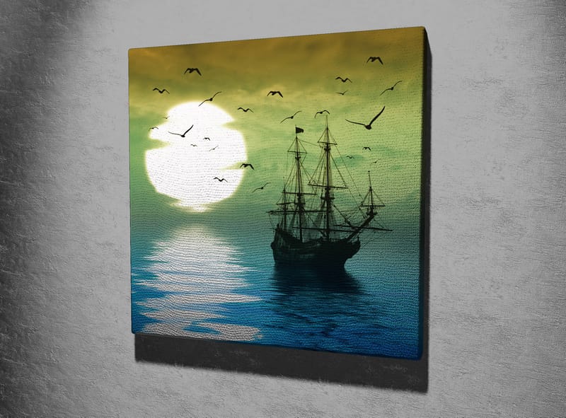 Lærredstryk 45x45 cm - Skibe på spejlblanke vandoverflader under en stemningsfuld solnedgang - Mørkeblå / Grøn / Hvid - Boligtilbehør - Billeder & kunst - Billeder på lærred