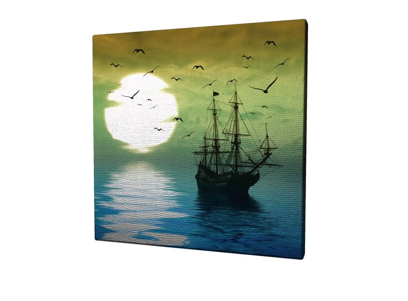 Lærredstryk 45x45 cm - Skibe på spejlblanke vandoverflader under en stemningsfuld solnedgang - Mørkeblå / Grøn / Hvid - Boligtilbehør - Billeder & kunst - Billeder på lærred