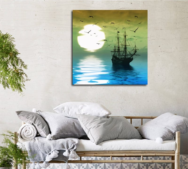 Lærredstryk 45x45 cm - Skibe på spejlblanke vandoverflader under en stemningsfuld solnedgang, Mørkeblå / Grøn / Hvid