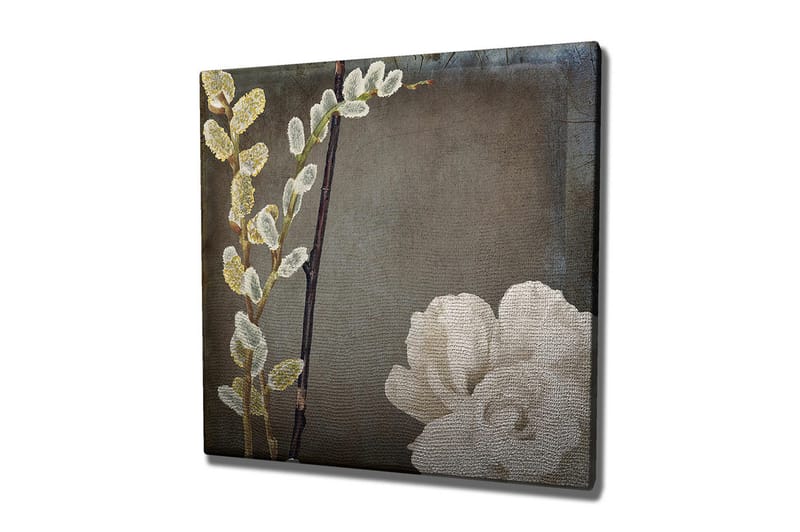Lærredstryk 45x45 cm - Smuk komposition af blomster og kviste, Hvid / Grå / Beige