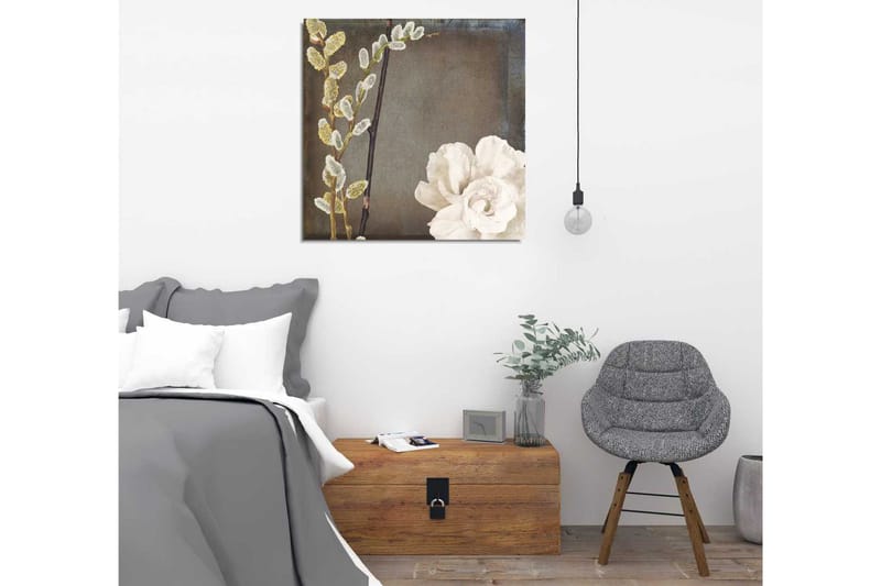 Lærredstryk 45x45 cm - Smuk komposition af blomster og kviste - Hvid / Grå / Beige - Boligtilbehør - Billeder & kunst - Billeder på lærred