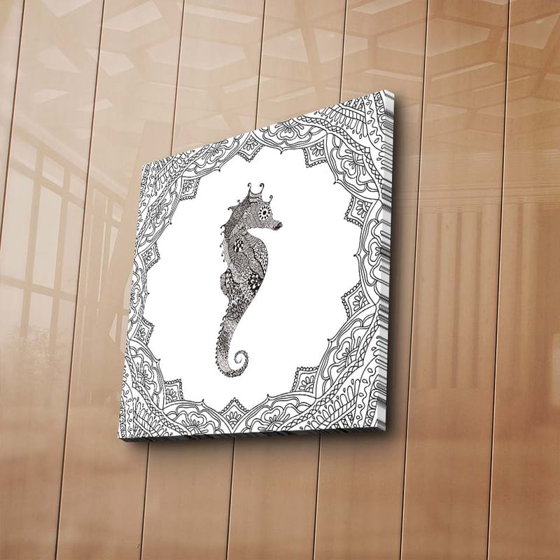 Lærredstryk 45x45 cm - Smuk søhest i detaljeret ramme - Sort / Hvid - Boligtilbehør - Billeder & kunst - Billeder på lærred