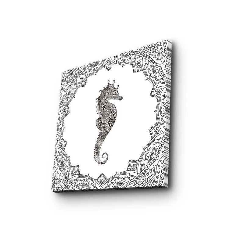 Lærredstryk 45x45 cm - Smuk søhest i detaljeret ramme, Sort / Hvid