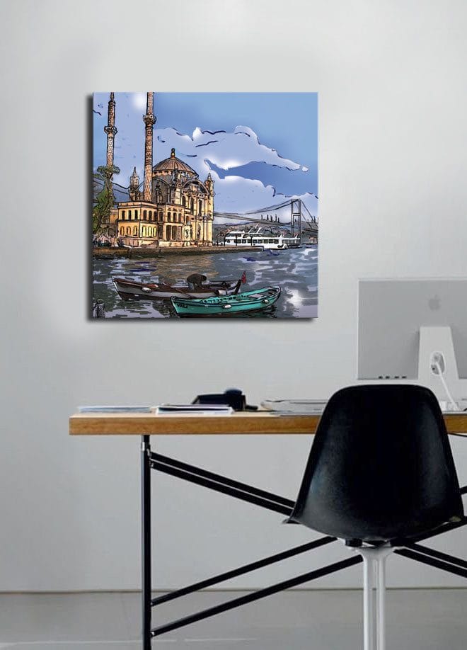 Lærredstryk 45x45 cm - Smuk udsigt over en historisk moské ved vandet med både i forgrunden - Blå / Beige / Grøn - Boligtilbehør - Billeder & kunst - Billeder på lærred