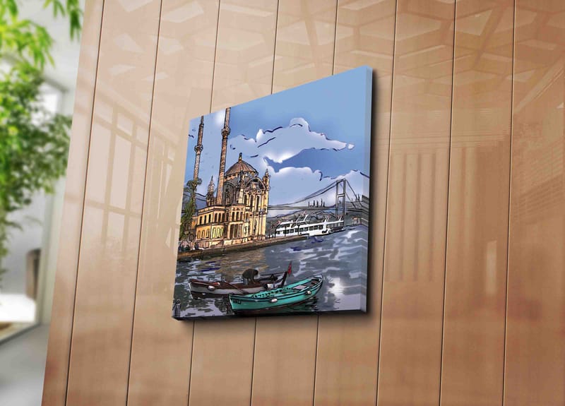 Lærredstryk 45x45 cm - Smuk udsigt over en historisk moské ved vandet med både i forgrunden - Blå / Beige / Grøn - Boligtilbehør - Billeder & kunst - Billeder på lærred